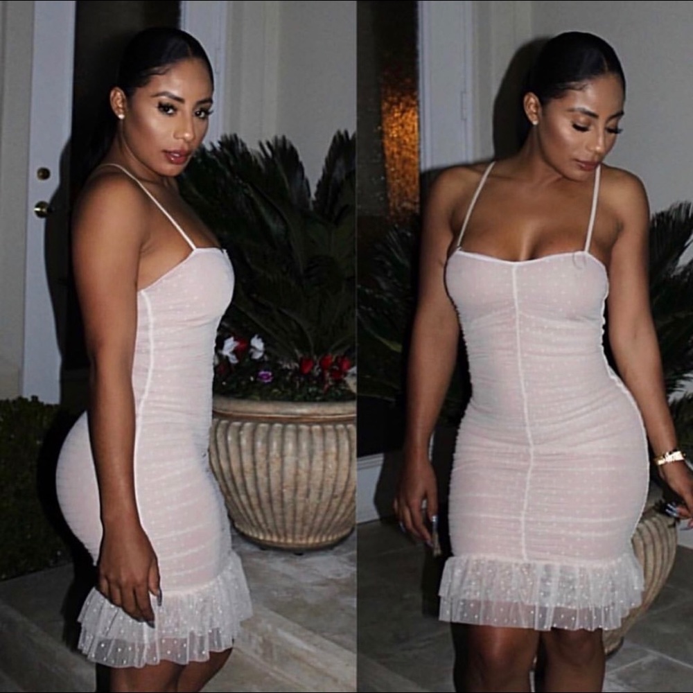 Mrs. Dress - Nude Dotted Mesh Ruched Mini Dress